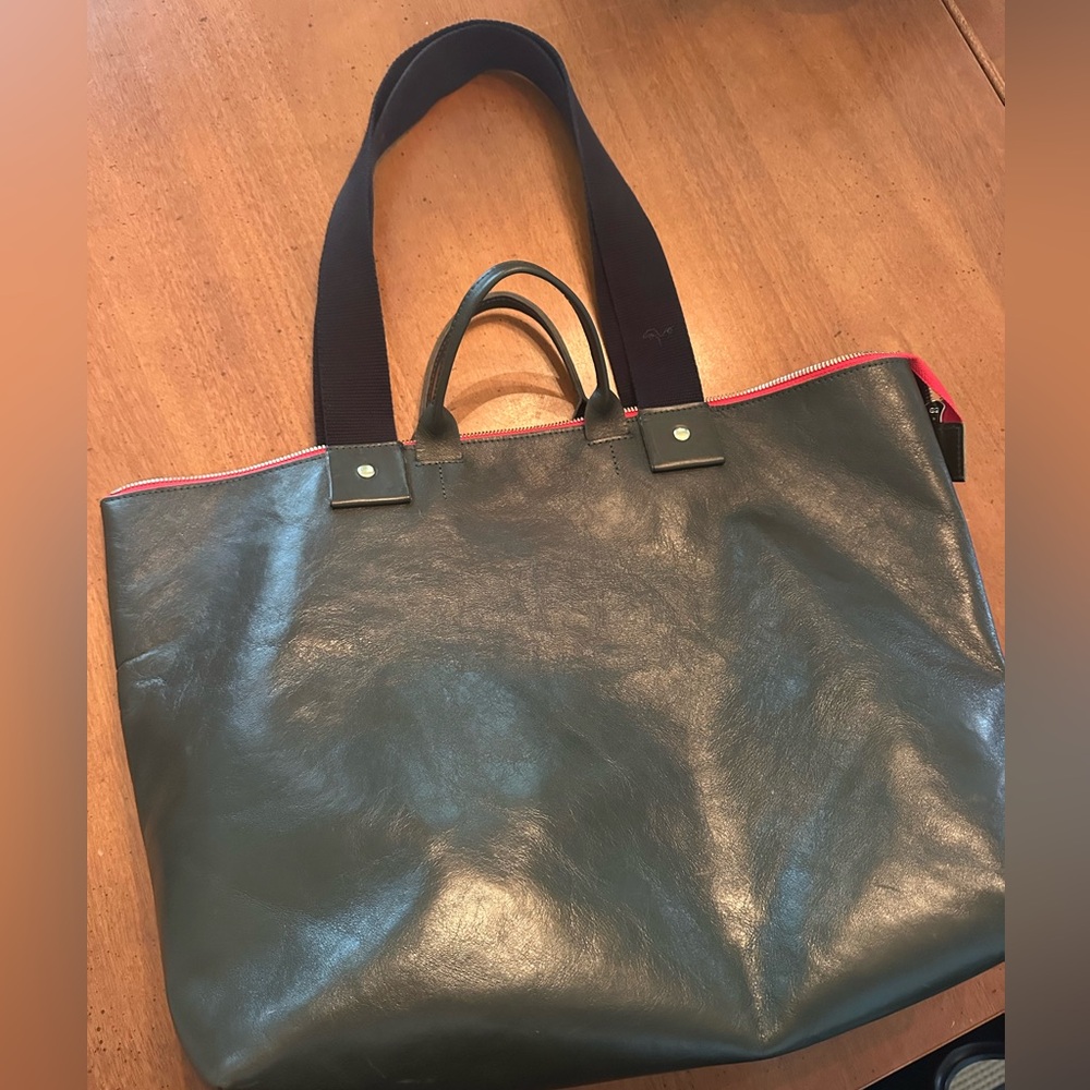 Large Clare V Green Tote Bag with Black Handles